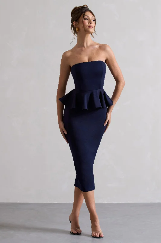 Chicago | Navy Bodycon Bandeau Midi Dress With Peplum Detail