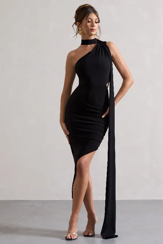 Icon | Black One Shoulder Cut-Out Maxi Dress With Scarf