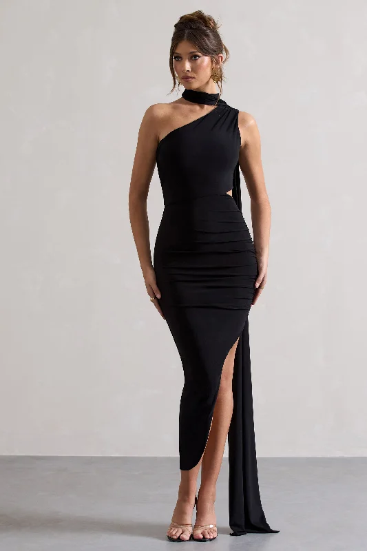 Icon | Black One Shoulder Cut-Out Maxi Dress With Scarf