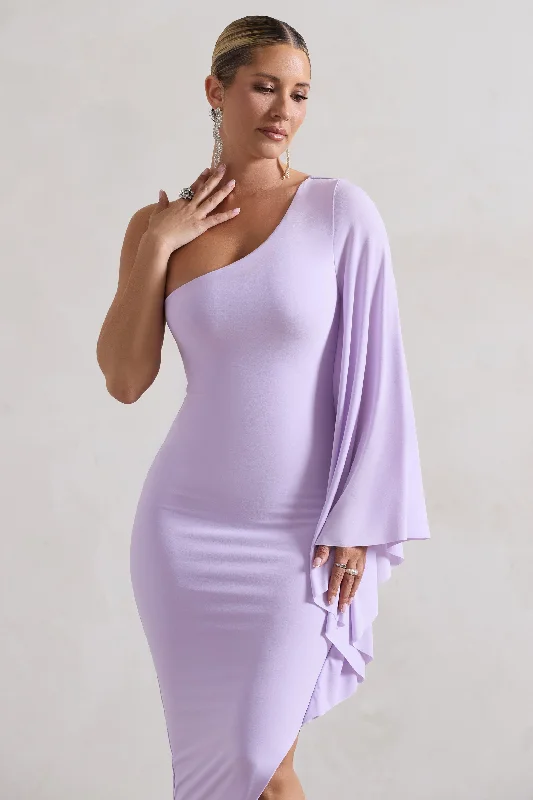 My Level | Lilac Asymmetric One Shoulder Cape Sleeve Midi Dress