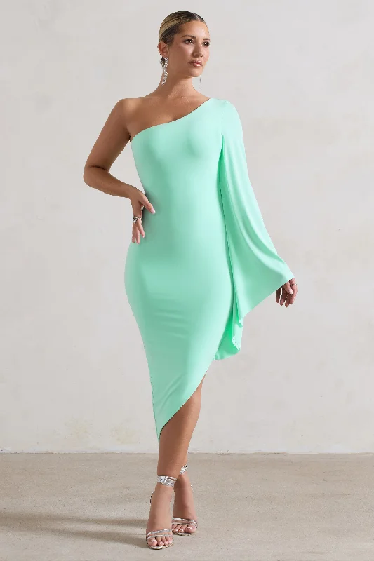 My Level | Mint Asymmetric One Shoulder Cape Sleeve Midi Dress