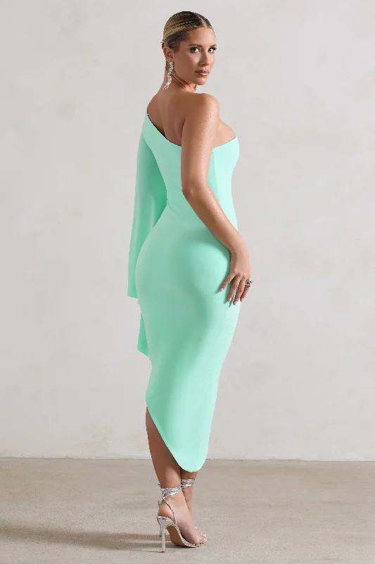 My Level | Mint Asymmetric One Shoulder Cape Sleeve Midi Dress