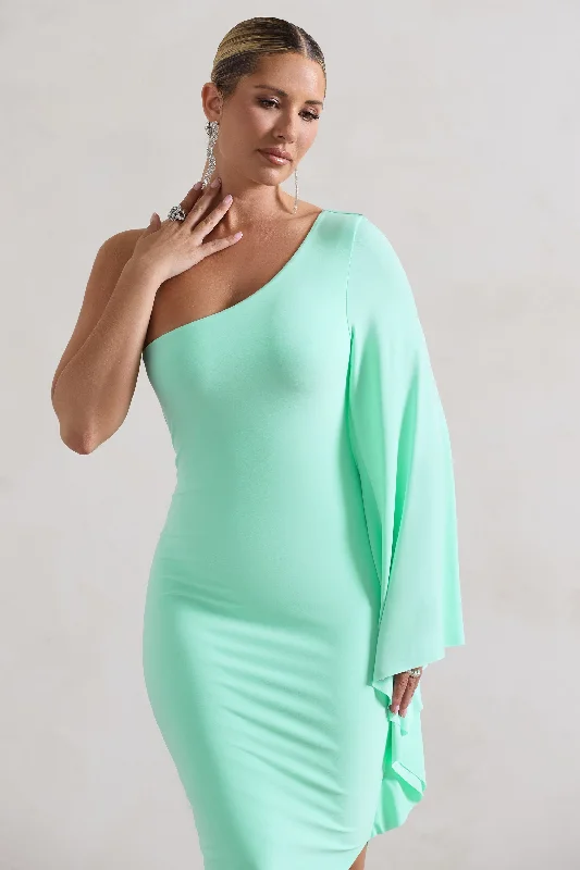 My Level | Mint Asymmetric One Shoulder Cape Sleeve Midi Dress