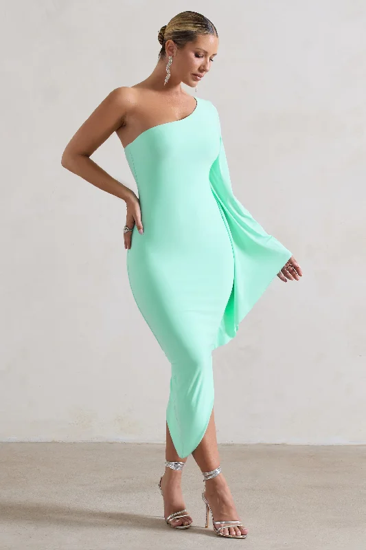 My Level | Mint Asymmetric One Shoulder Cape Sleeve Midi Dress