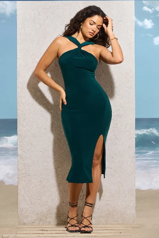 Sadira | Bottle Green Twist-Neck Split Midi Dress