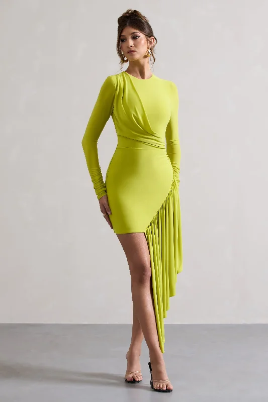 Tate | Lime Green Long-Sleeve Wrap Mini Dress With Drape