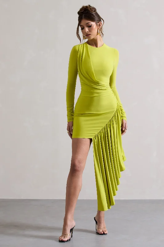 Tate | Lime Green Long-Sleeve Wrap Mini Dress With Drape