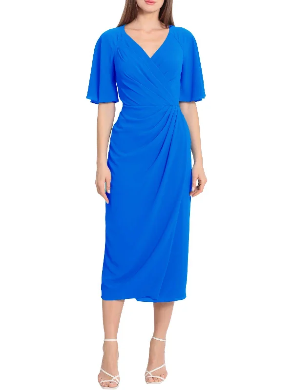 Womens Flutter Sleeve Calf Midi Dress