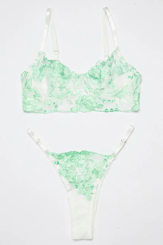 Green Floral Embroidered Lingerie Set