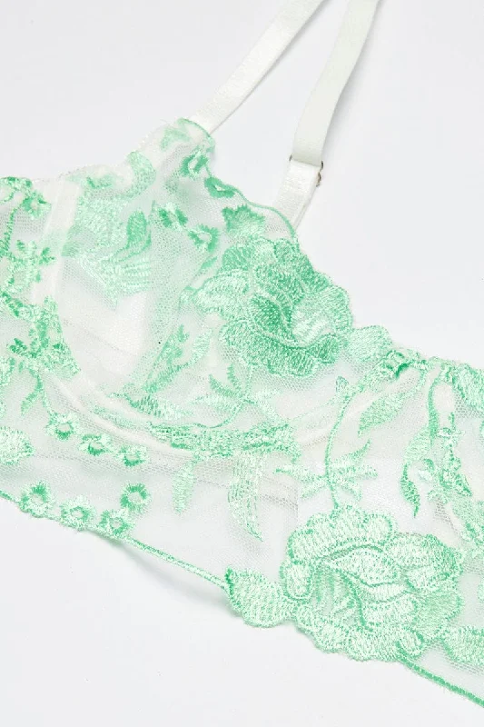 Green Floral Embroidered Lingerie Set