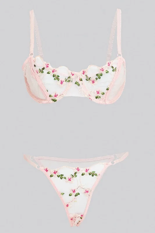 Pink Floral Embroidered Lingerie Set