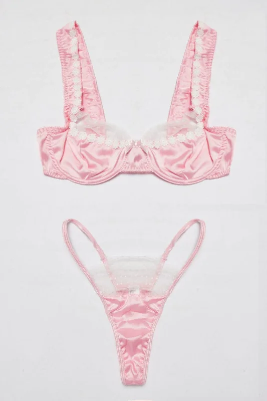 Pink Floral Embroidery Lingerie Set