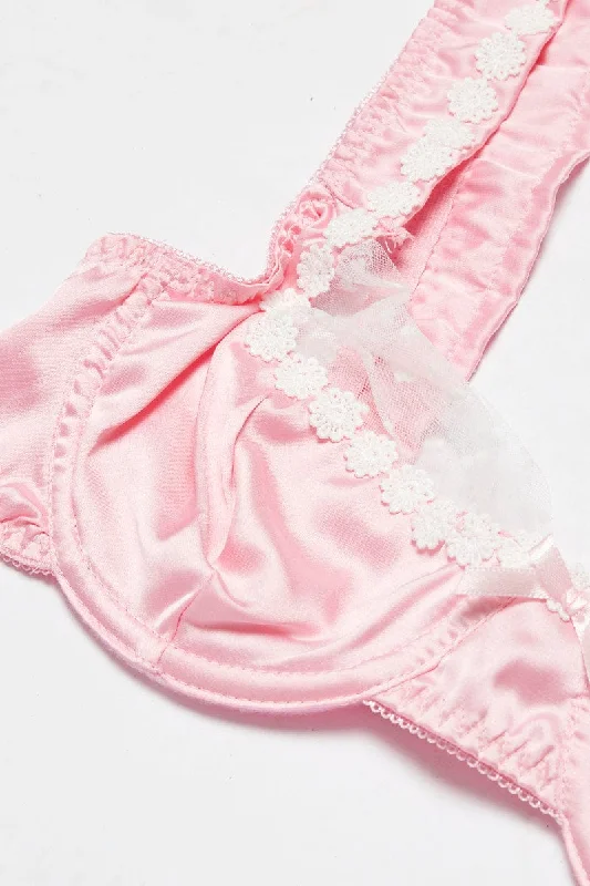 Pink Floral Embroidery Lingerie Set