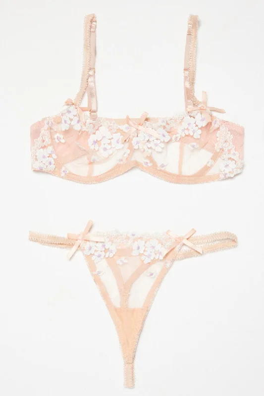 Pink Floral Embroidery Lingerie Set