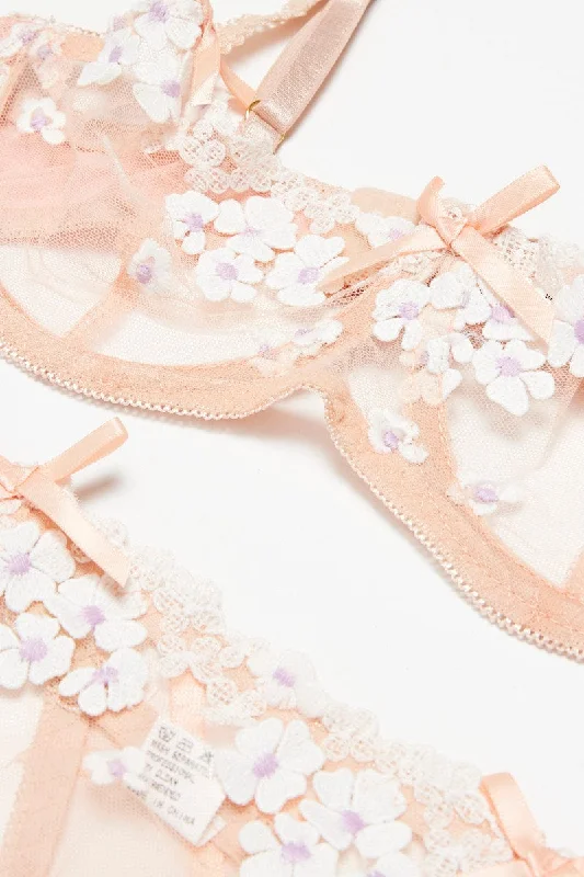 Pink Floral Embroidery Lingerie Set