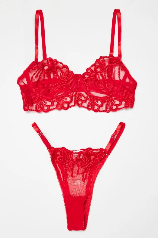 Red Embroidery Lingerie Set