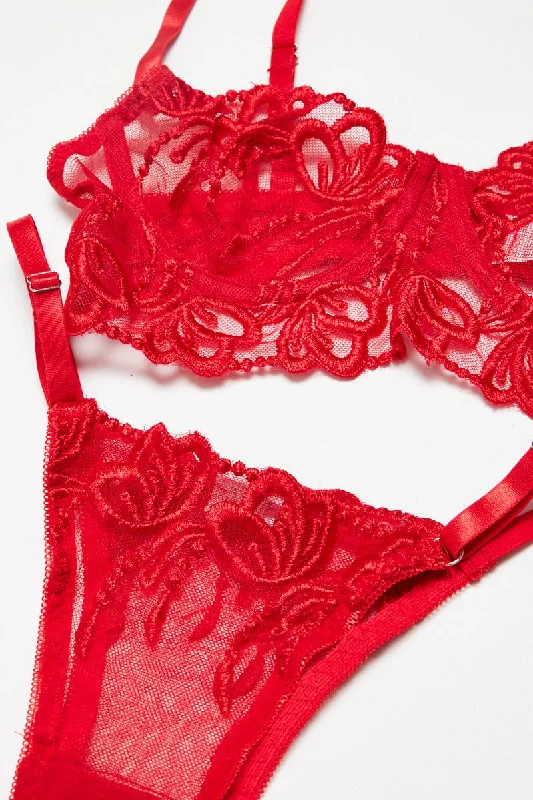 Red Embroidery Lingerie Set