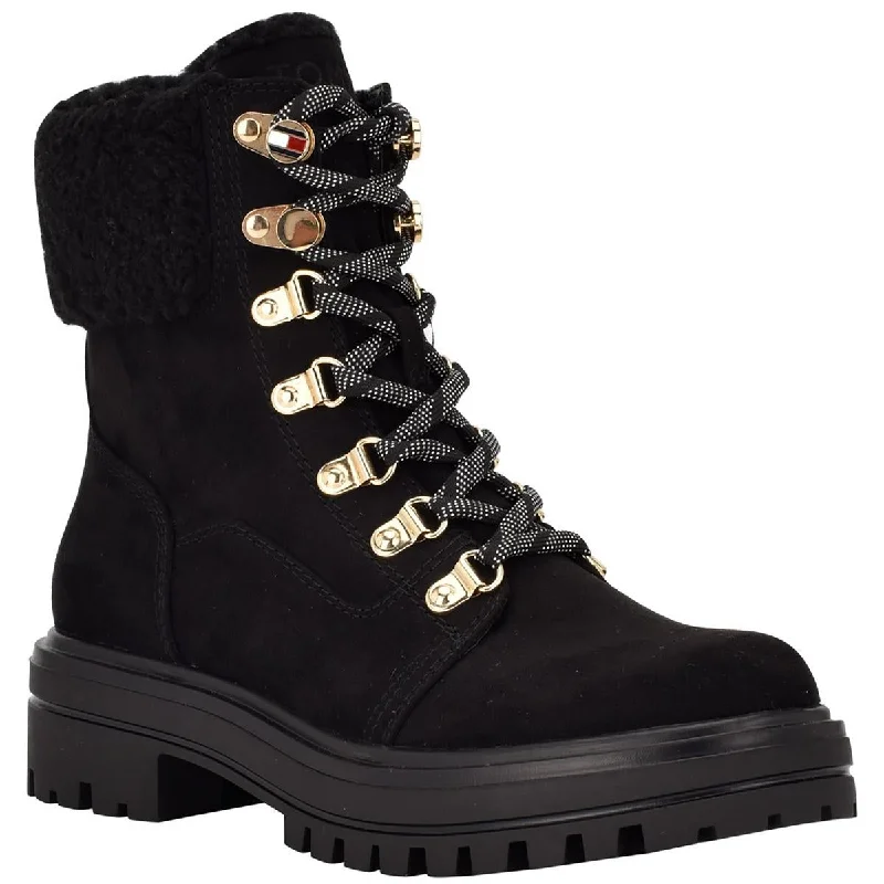 FABY2 Womens Leather Faux Fur Combat & Lace-up Boots