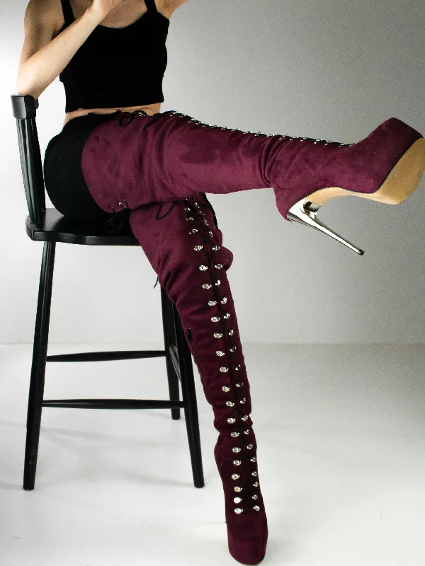 80 cms Burgundy  Extra Thigh High Military Boots