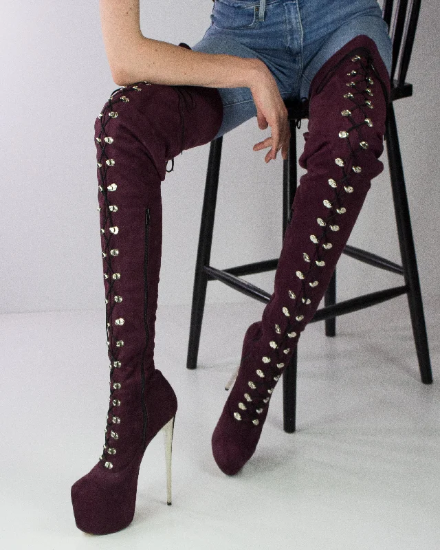 80 cms Burgundy  Extra Thigh High Military Boots