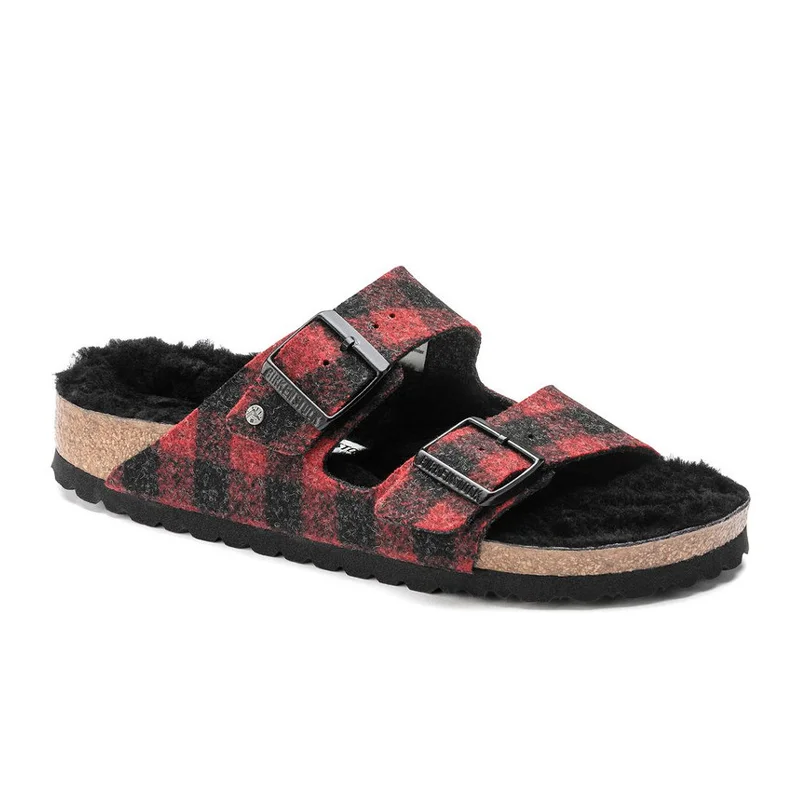 Birkenstock Arizona Slide Sandal (Women) - Red Plaid Wool/Black Shearling