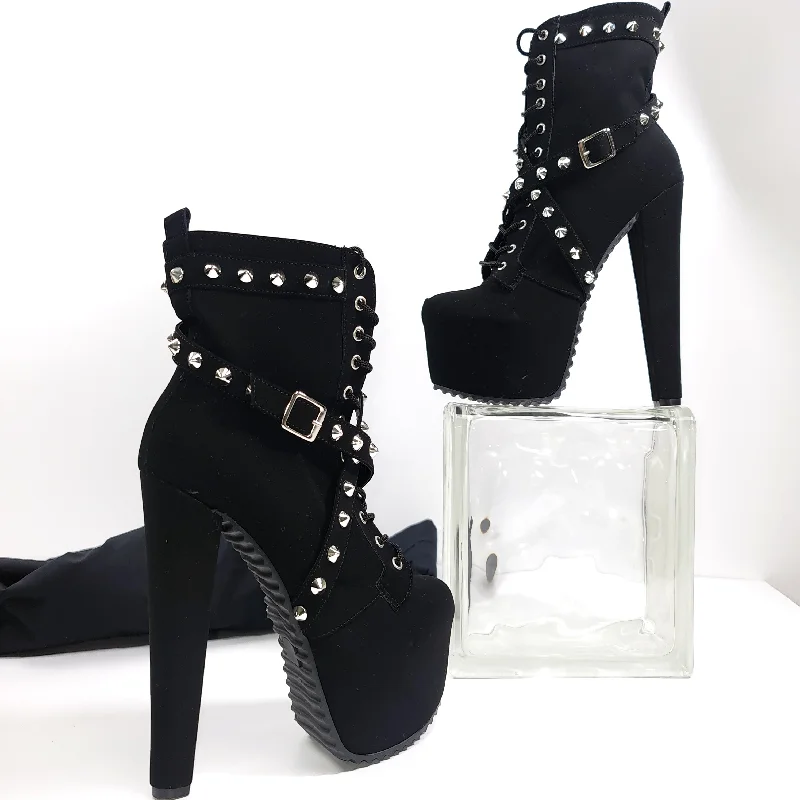 Black Serrated Sole Spike Studs Chunky Rocker Boots