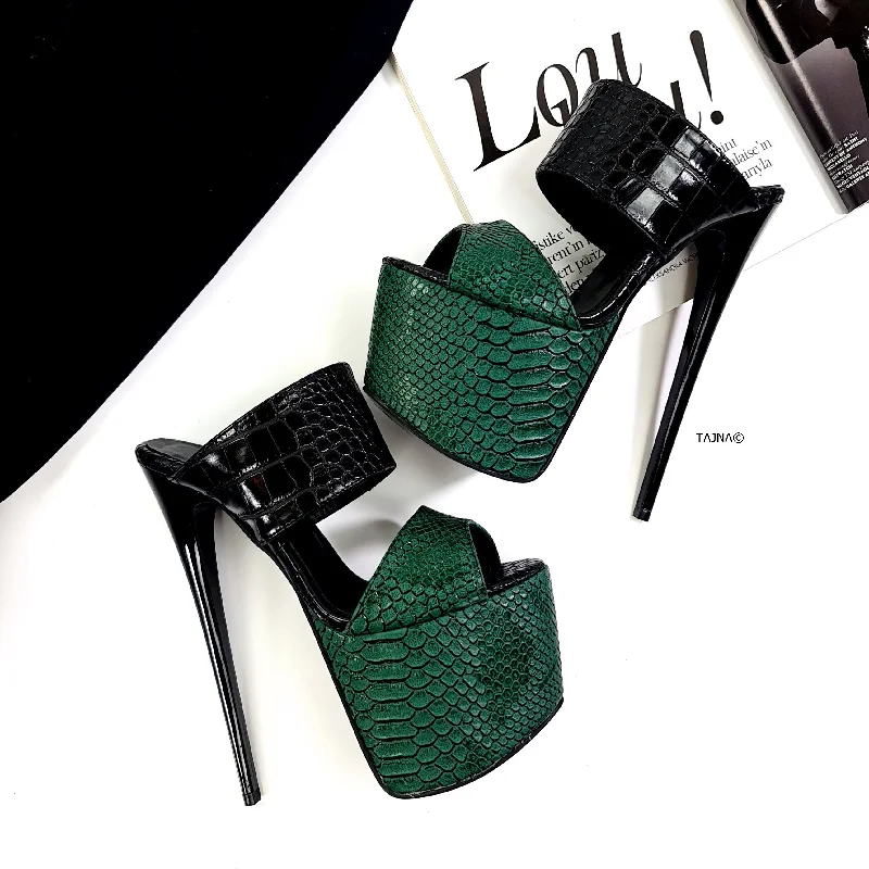 Double Strap Green Black Croco Mules