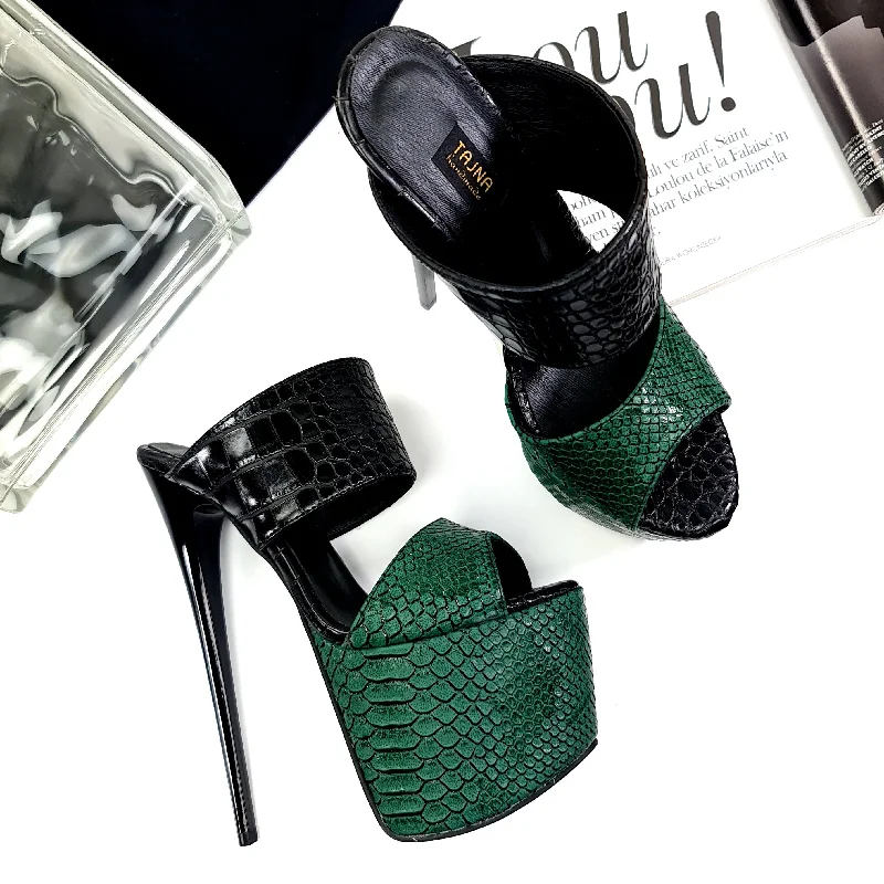 Double Strap Green Black Croco Mules