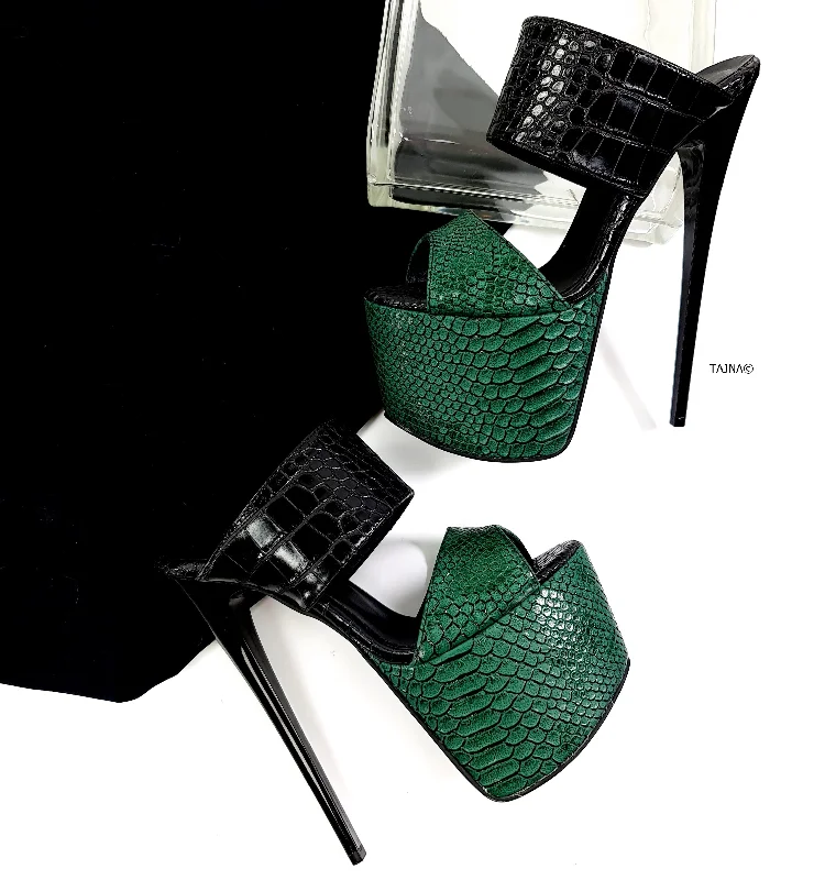 Double Strap Green Black Croco Mules