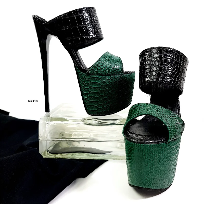 Double Strap Green Black Croco Mules