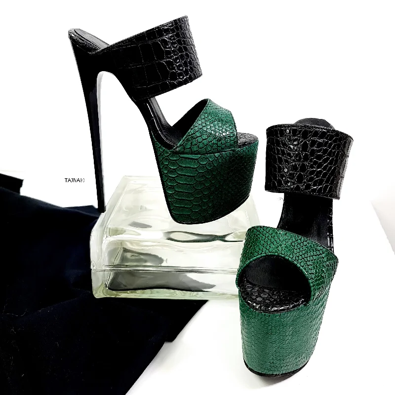 Double Strap Green Black Croco Mules