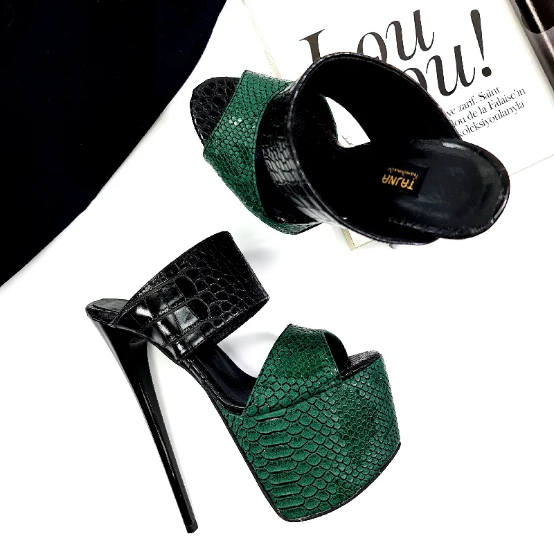 Double Strap Green Black Croco Mules