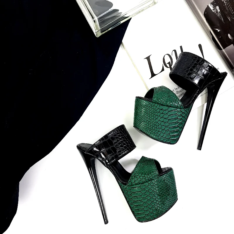 Double Strap Green Black Croco Mules