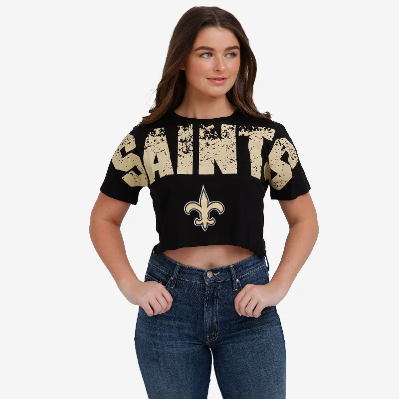 New Orleans Saints Womens Petite Distressed Wordmark Crop Top