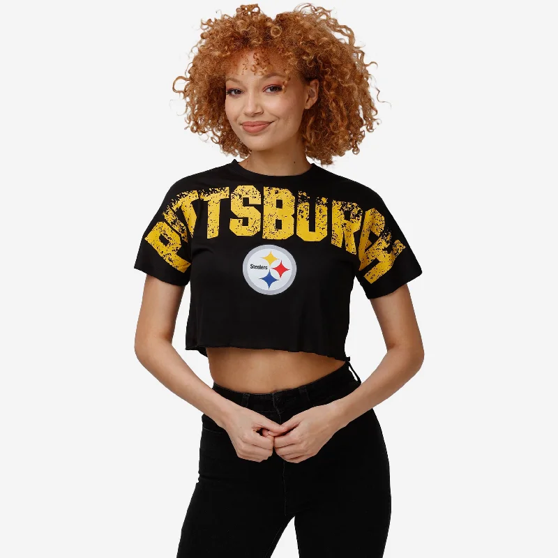 Pittsburgh Steelers Womens Petite Distressed Wordmark Crop Top