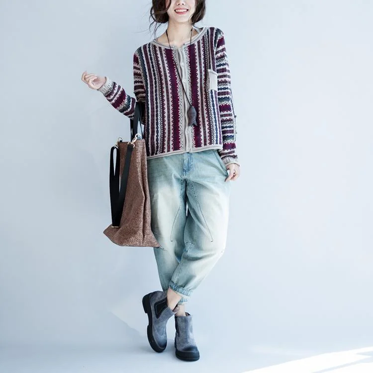 2021 autumn fine cotton striped knit cardigans plus size short sweater outwear