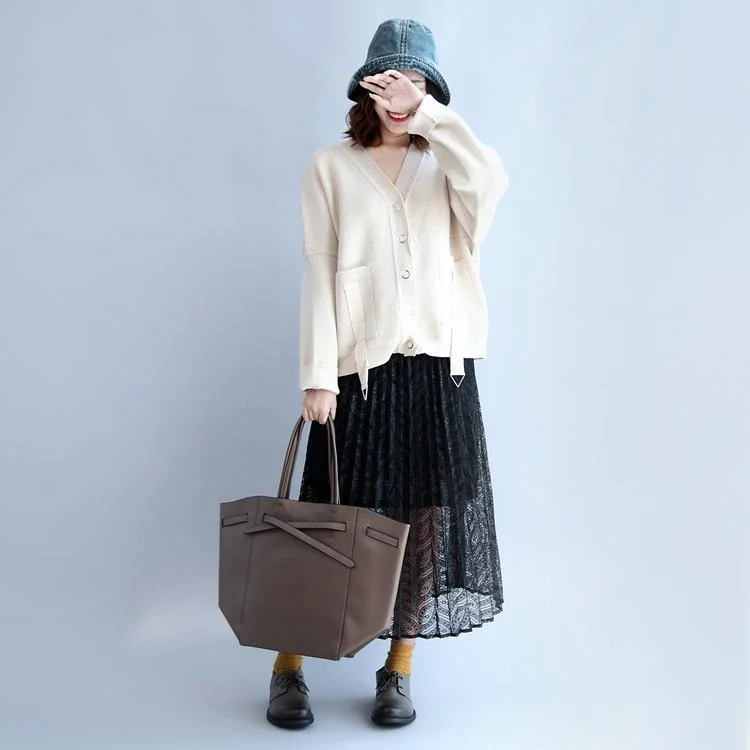 autumn thick beige white  cotton sweater outwear plus size v neck short cardigans