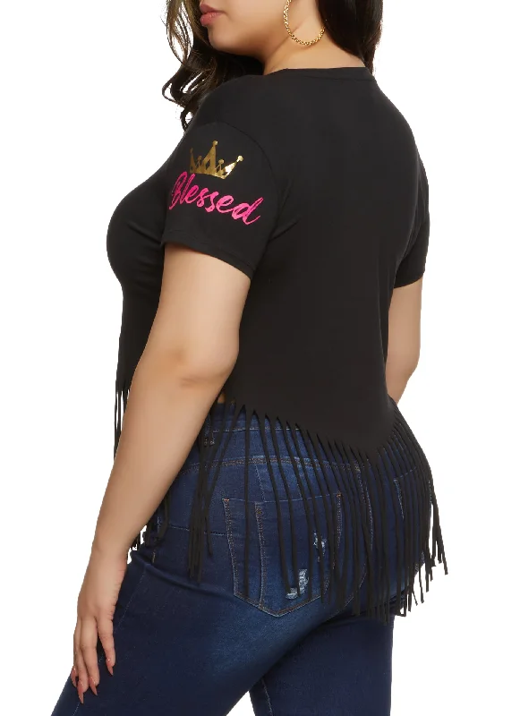 Plus Size Always And Forever Blessed Graphic Fringe Tee