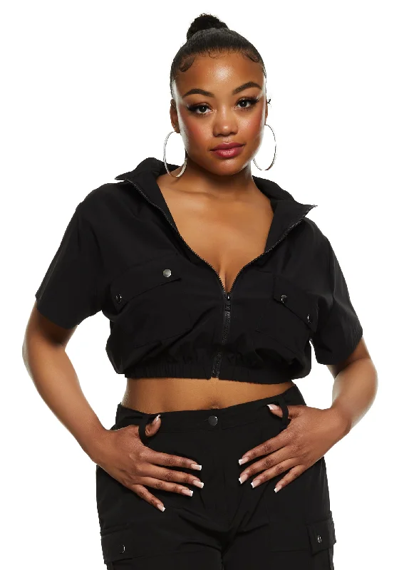 Plus Size Cargo Pocket Zip Front Crop Top