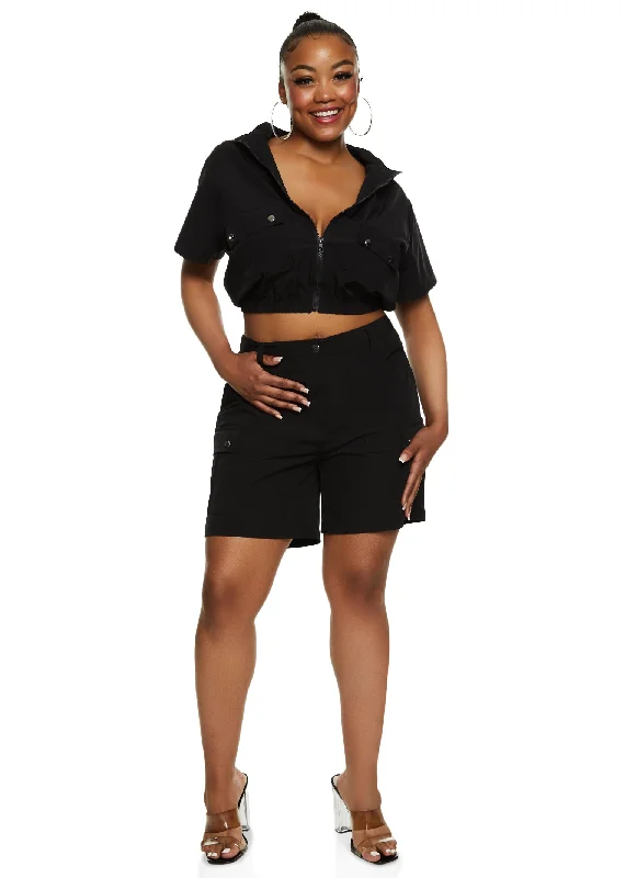 Plus Size Cargo Pocket Zip Front Crop Top