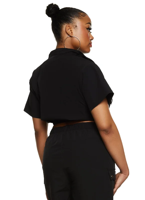 Plus Size Cargo Pocket Zip Front Crop Top