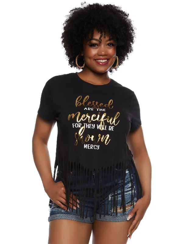 Plus Size Fringe Hem Blessed Foil Graphic T Shirt