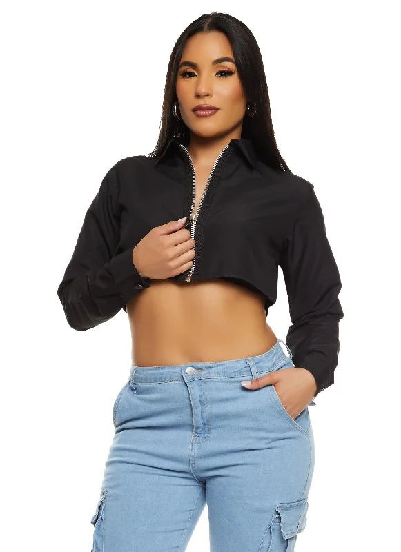 Zip Front Long Sleeve Cropped Shirt