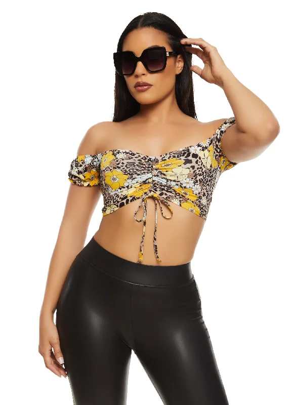 Almost Famous Printed Off the Shoulder Ruched Crop Top