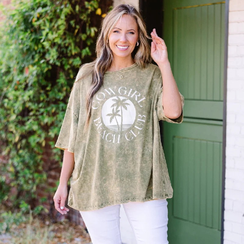 Cowgirl Club Acid Wash Boyfriend Tee, Golden Olive