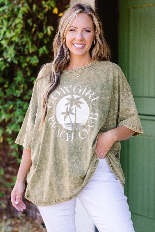 Cowgirl Club Acid Wash Boyfriend Tee, Golden Olive