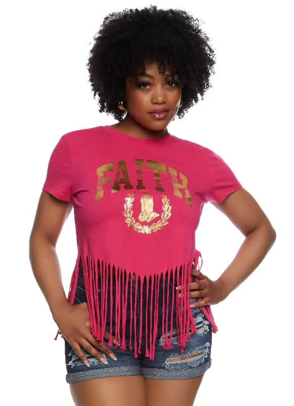 Plus Size Fringe Hem Faith Foil Graphic T Shirt