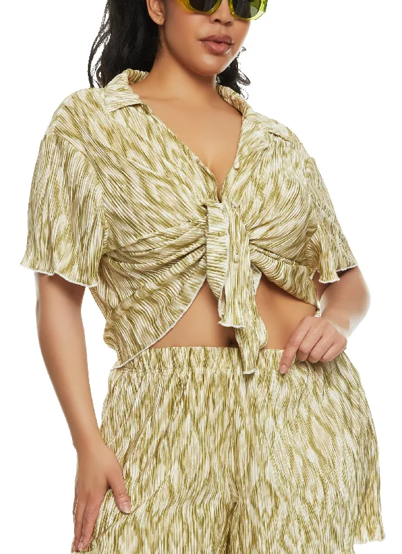 Plus Size Almost Famous Printed Plisse Button Front Shirt