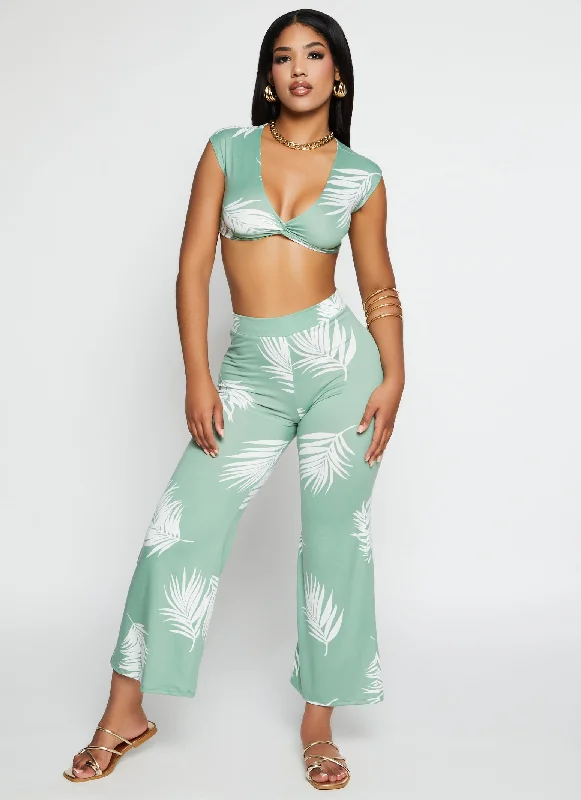 Palm Leaf Print Twist Front Crop Top