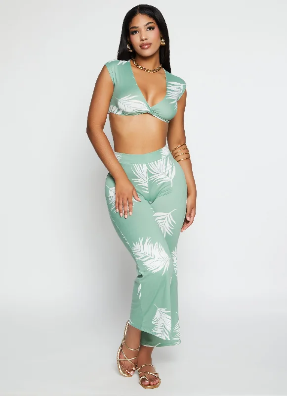 Palm Leaf Print Twist Front Crop Top